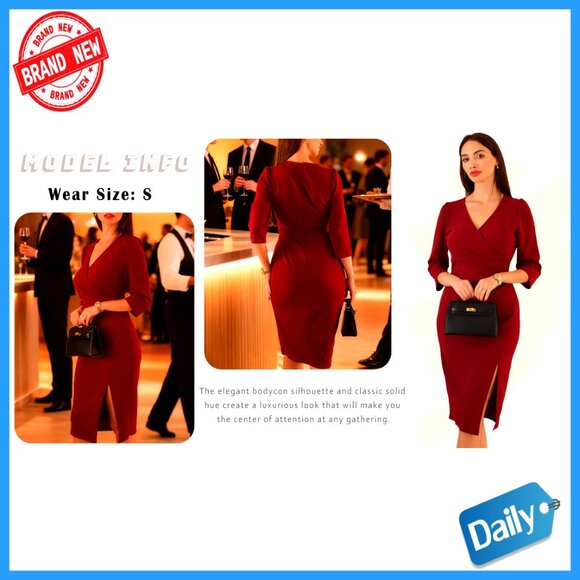 V Neck 3/4 Sleeve Faux Wrap Slit Bodycon Midi Dress Formal Cocktail Party - Picture 6 of 7